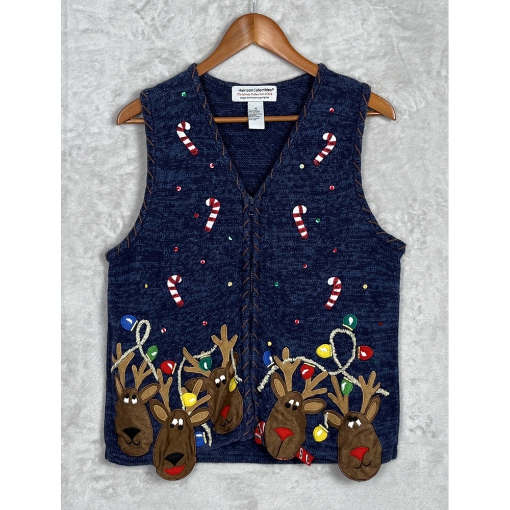 Vintage Christmas Vest Heirloom Collectibles 2004 Reindeer Blue Knit Y2K‎ Ugly